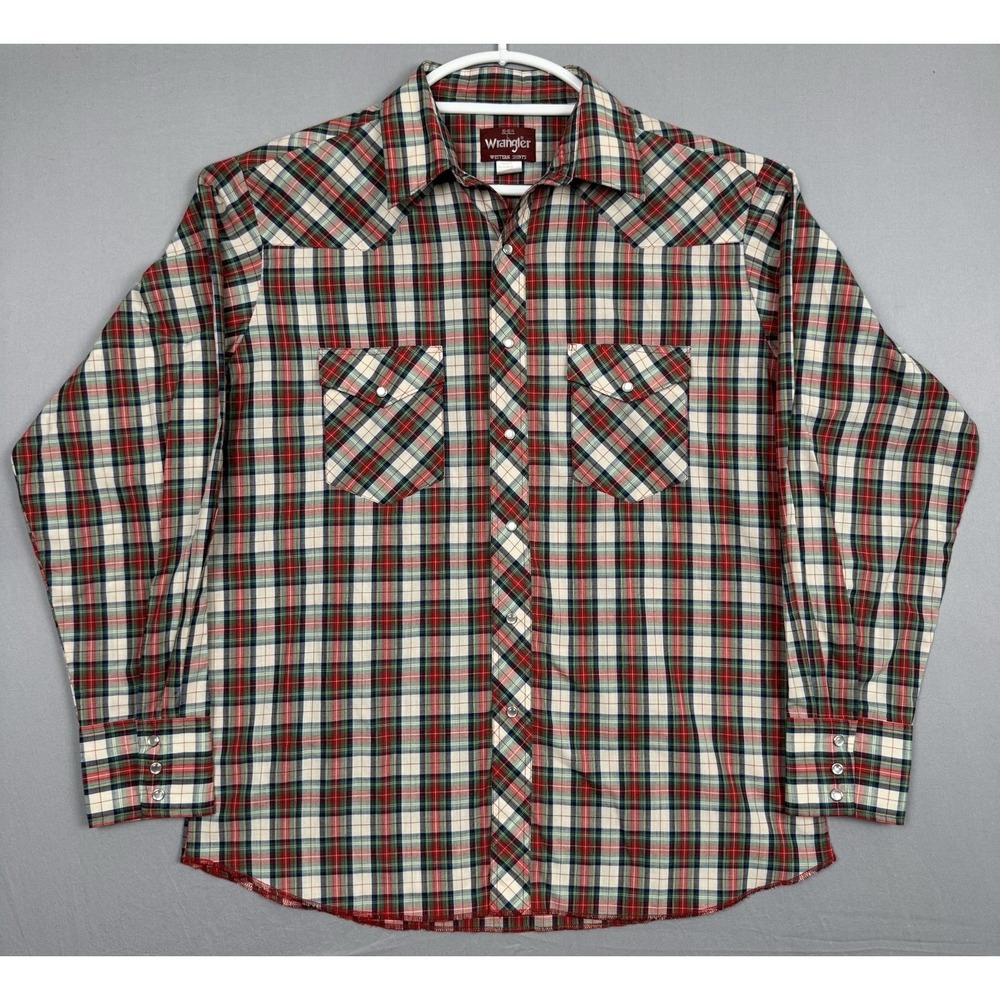 Vintage Wrangler Pearl Snap Shirt Mens XL Red Green Plaid 90s Cowboy Western
